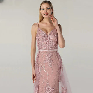 2024 Pink Sling Lace Flower Pearl Evening Dress: Sleeveless Luxury Tulle Elegance