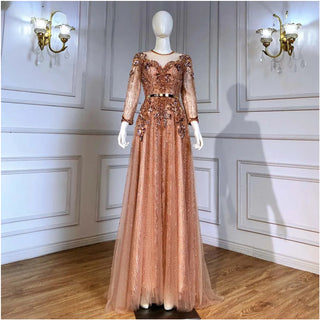 Dubai Rose Radiance: Elegant Long Sleeve Rose Gold Evening Dress with a Muslim Arabic-inspired design for Women's Wedding Parties and Formal Occasions.