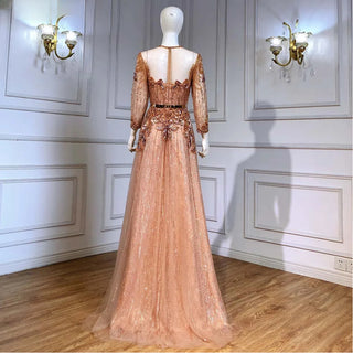 Dubai Rose Radiance: Elegant Long Sleeve Rose Gold Evening Dress with a Muslim Arabic-inspired design for Women's Wedding Parties and Formal Occasions.