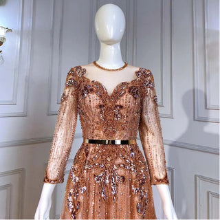 Dubai Rose Radiance: Elegant Long Sleeve Rose Gold Evening Dress with a Muslim Arabic-inspired design for Women's Wedding Parties and Formal Occasions.