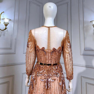 Dubai Rose Radiance: Elegant Long Sleeve Rose Gold Evening Dress with a Muslim Arabic-inspired design for Women's Wedding Parties and Formal Occasions.