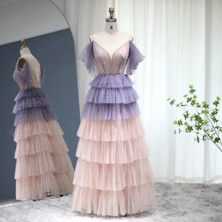 Dubai Twilight Sparkle: Ombre Lilac and Pink Evening Dress with Cape Sleeves, 2024 Luxury Fashion for Women at Wedding Parties and Formal Events.