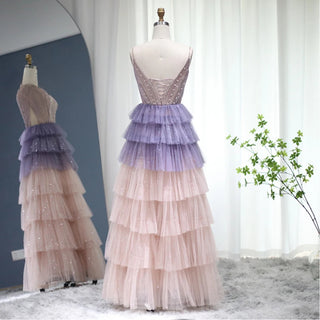Dubai Twilight Sparkle: Ombre Lilac and Pink Evening Dress with Cape Sleeves, 2024 Luxury Fashion for Women at Wedding Parties and Formal Events.