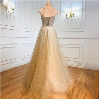 Champagne Luxury A-Line Evening Dress 2024 - Cap Sleeves, Beaded Tassel Gowns for Women's Party