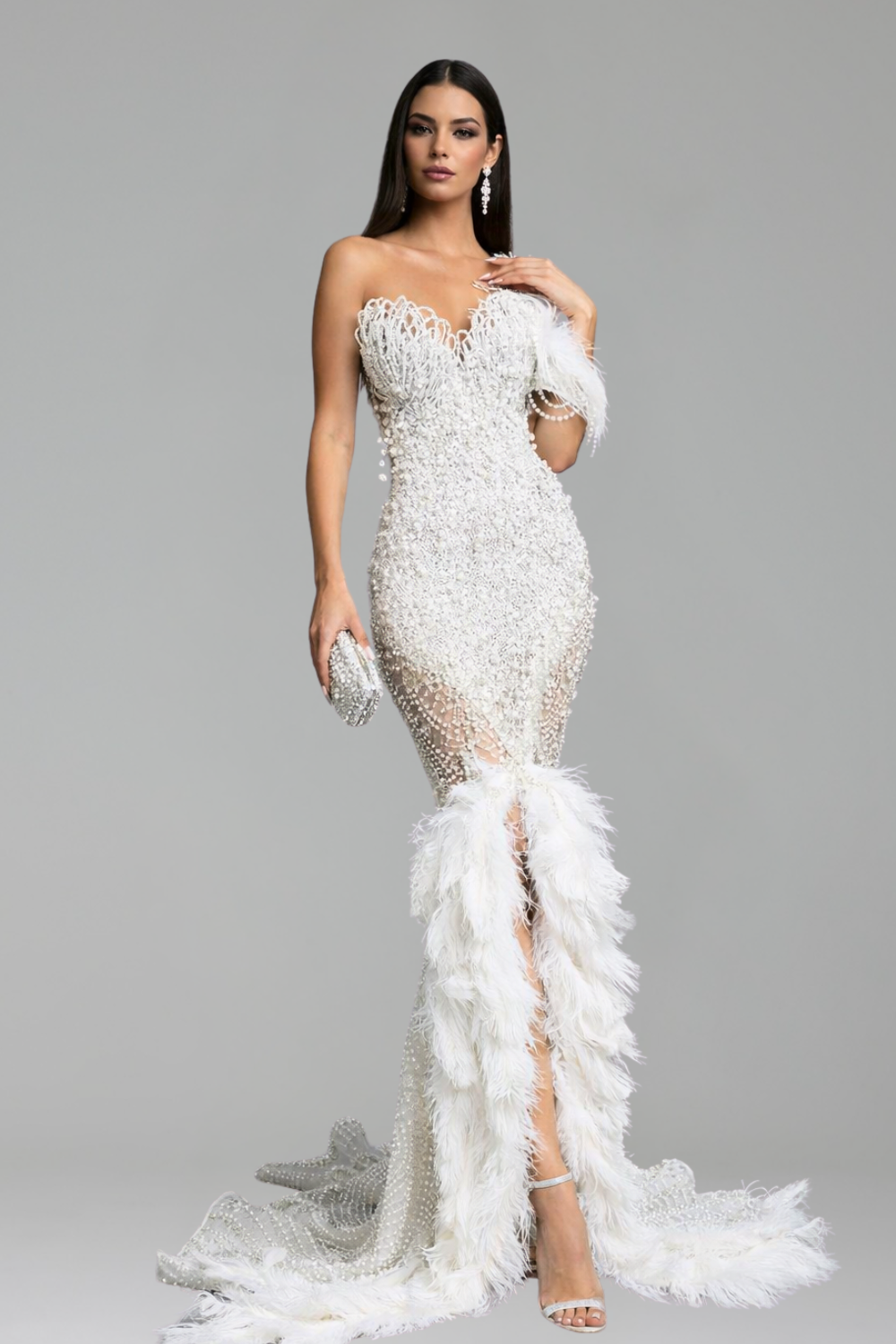 Feather Beaded Split Evening Dress