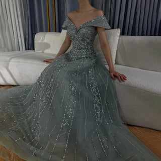 Ships in 1 to 3 Days -2024 Saudi Arabic Gray Beaded A-Line Evening Gown for Formal Occasions
