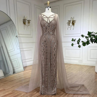 Arabic Luxury Dubai Mermaid Evening Dress with Elegant Lilac Shawl - Yarn Beaded Gown for Women's Party (2024)