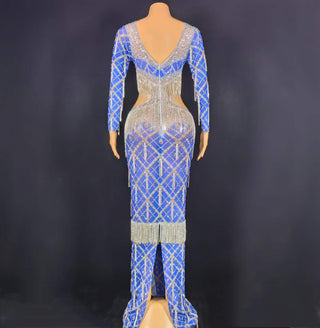 Dazzling Long Sleeve Sheer Beaded Gown with Cutout Waist