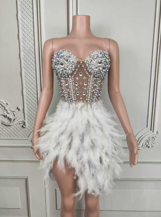 Crystal-Embellished Corset Mini Dress with Feather Skirt – Larosabride