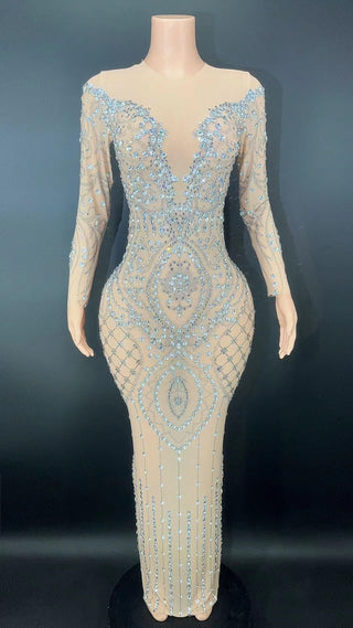 Ships in 1 to 3 Days - Celestial Elegance Long-Sleeve Beaded Gown