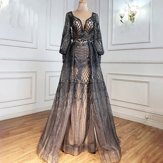 Dubai Twilight: Gray Overskirt Evening Dress with Arabic-inspired Luxury, Perfect for Plus Size Women at Wedding Parties.
