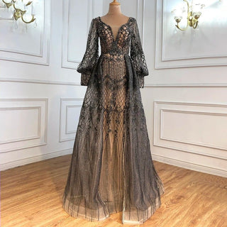 Dubai Twilight: Gray Overskirt Evening Dress with Arabic-inspired Luxury, Perfect for Plus Size Women at Wedding Parties.