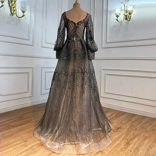 Dubai Twilight: Gray Overskirt Evening Dress with Arabic-inspired Luxury, Perfect for Plus Size Women at Wedding Parties.