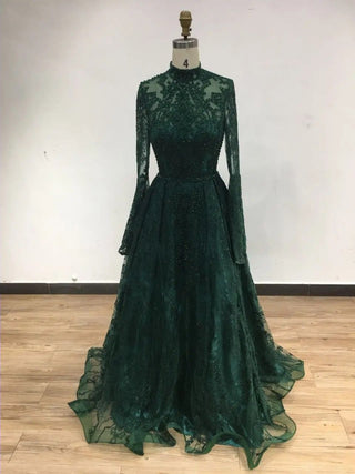 2024 Pink Modest A-Line Evening Dress - Long Sleeves Beaded Lace Gown for Arabic Weddings and Prom