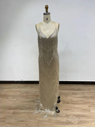 2024 Sexy Champagne Slip V-Neck Evening Gown - Tassel and Beaded Lace-Up Dress for Wedding Anniversaries and Parties