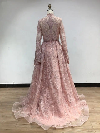 2024 Pink Modest A-Line Evening Dress - Long Sleeves Beaded Lace Gown for Arabic Weddings and Prom