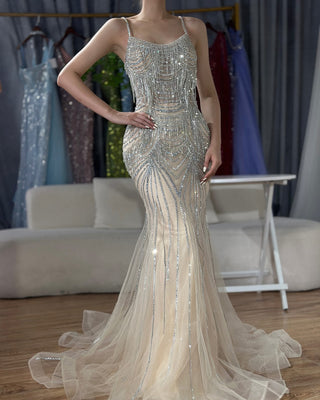 Ships in 1 to 3 Days - 2024 Silver Nude Spaghetti Strap Mermaid Evening Dress - Luxury Beaded Tassel Gown for Formal Occasions