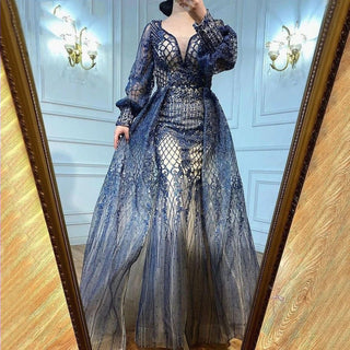 Dubai Twilight: Gray Overskirt Evening Dress with Arabic-inspired Luxury, Perfect for Plus Size Women at Wedding Parties.