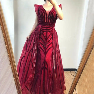Dubai Decadence: Deep-V Crystal Gown with Heavy Beading – 2024 Sexy Luxury Plus Size Evening Wear
