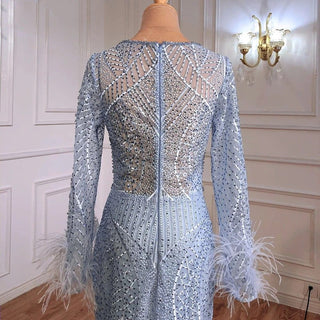 Luxurious Blue Mermaid Evening Dress - Feather Beaded Elegance for Women's Party