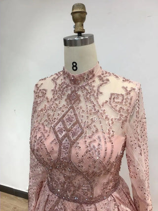 2024 Pink Modest A-Line Evening Dress - Long Sleeves Beaded Lace Gown for Arabic Weddings and Prom