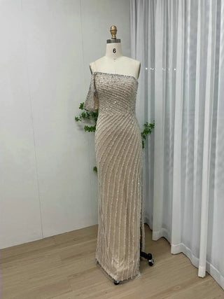Luxury Beaded Off-Shoulder Mermaid Evening Gown - Pink Side Split Tassel Formal Dress for Women’s Wedding Parties