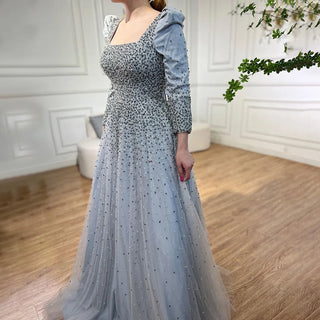 Arabic Grey A-Line Evening Dress 2024 with Puffy Shoulders, Elegant Beaded Luxury - Ideal for Women's Wedding Party