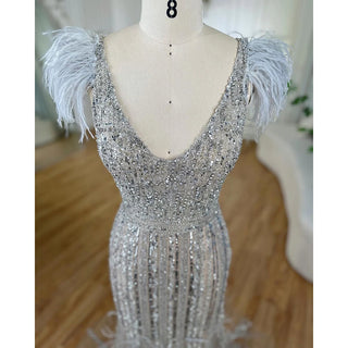 Arabic Mermaid Grey Nude Evening Gown: Elegant Feather Beaded Luxury for Women's Wedding Party 2024