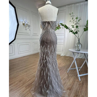 Caramel Mermaid Sleeveless Evening Gown: High Split with Beaded Feathers for Women's Wedding Party 2024