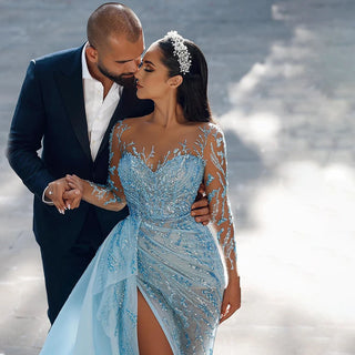 Blue Mermaid Sexy High Split Evening Dress 2024 - Elegant With Skirt, Lace, Beaded Gown for Women's Party