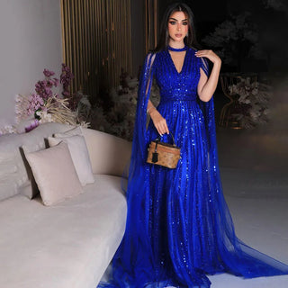 Arabic Blue A-Line Elegant Evening Dress: Luxurious Cape Sleeves with Beaded Embellishments for Women's Wedding Party 2024
