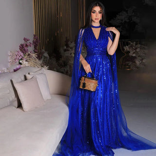 Arabic Blue A-Line Evening Dress 2024 with Cape Sleeves, V-Neck, and Beaded Luxury - Ideal for Women's Wedding Party