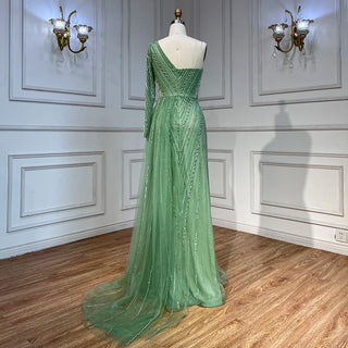 Arabic Mint Mermaid Beaded Evening Gown 2024 - Sexy One-Shoulder Split Dress for Women's Wedding Party