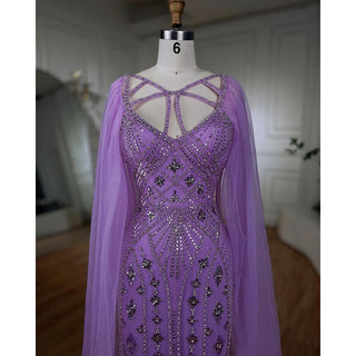 Arabic Luxury Dubai Mermaid Evening Dress with Elegant Lilac Shawl - Yarn Beaded Gown for Women's Party (2024)