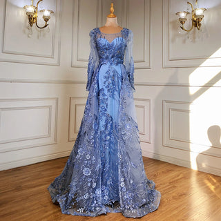Blue Muslim Luxury Evening Dress 2024 with Beaded Mermaid and Overskirt - Ideal for Women's Party