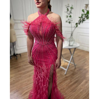 Caramel Mermaid Sleeveless Evening Gown: High Split with Beaded Feathers for Women's Wedding Party 2024