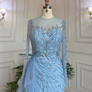 Blue Mermaid Sexy High Split Evening Dress 2024 - Elegant With Skirt, Lace, Beaded Gown for Women's Party