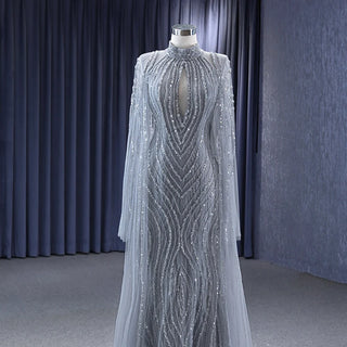 Elegance in Gray: High Neck Formal Evening Dress for Plus Size Women