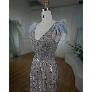 Arabic Mermaid Grey Nude Evening Gown: Elegant Feather Beaded Luxury for Women's Wedding Party 2024