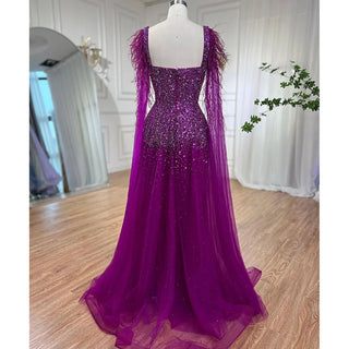 Arabic Gold A-Line Evening Dress 2024: Sexy Feathers, Cape Sleeves, Beaded Luxury - Ideal for Women's Party