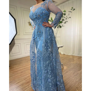 Blue Muslim Luxury Evening Dress 2024 with Beaded Mermaid and Overskirt - Ideal for Women's Party