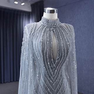 Elegance in Gray: High Neck Formal Evening Dress for Plus Size Women