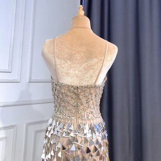 2024 Silver Nude Mermaid Evening Gown: Spaghetti Straps, Sequins, and Beaded Elegance for Women's Party Glamour