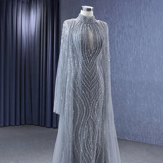 Elegance in Gray: High Neck Formal Evening Dress for Plus Size Women