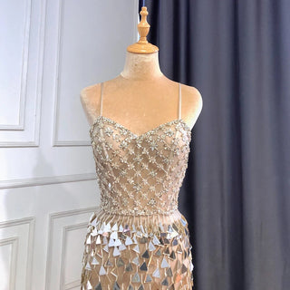 2024 Silver Nude Mermaid Evening Gown: Spaghetti Straps, Sequins, and Beaded Elegance for Women's Party Glamour