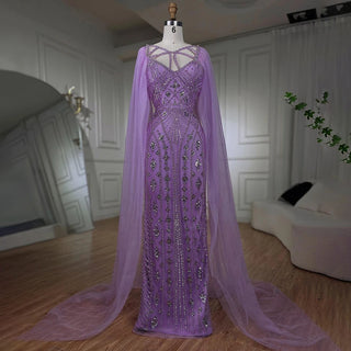 Arabic Luxury Dubai Mermaid Evening Dress with Elegant Lilac Shawl - Yarn Beaded Gown for Women's Party (2024)