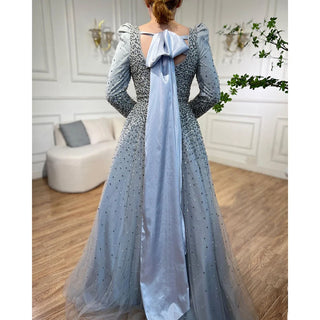 Arabic Grey A-Line Evening Dress 2024 with Puffy Shoulders, Elegant Beaded Luxury - Ideal for Women's Wedding Party