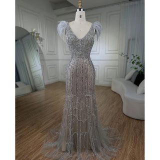 Arabic Mermaid Grey Nude Evening Gown: Elegant Feather Beaded Luxury for Women's Wedding Party 2024