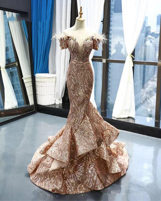 Charming Short Sleeve Mermaid Evening Dress with Bead Embellishments for Ladies