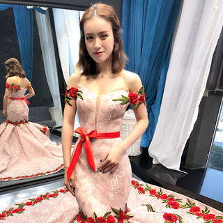 Affordable Elegance: Peach Applique Trumpet Mermaid Evening Dress for Fashionable Parties